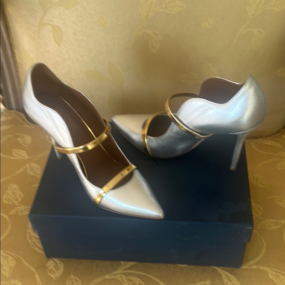 Malone Souliers Metallic Silver Heels with Gold Straps.  Worn once,size 36.5.